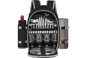 FREEAMG Picnic Backpack for 4 Person with 2 Insulated Leakproof Cooler Compartments, Large Picnic Bag with Cutlery Sets and Blanket, Picnic Basket Backpack for Camping, Hiking, BBQs (Black)