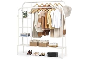 JOISCOPE Metal Clothes Rail, 49.6 * 62.2 Inch Clothes Rack for Bedroom with 2 Hanging Rails to Hang Clothes, 4 Clothes Hooks, 3 Side Shelves and Bottom Shelve for Shoes and Clothes Storage, White