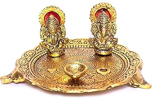 Wonder Care Aluminium Golden Color Plated Laxmi Ganesha Idol with Platter Plate for Puja Diwali Gift Items Deepawali Decorations Indian Dhanteras Pooja Statue Thali (Golden-Large)