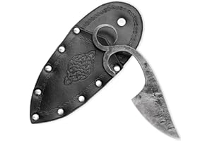 Madhammers Coltello medievale a tre dita forgiato a mano in acciaio per molle con collo e custodia in vera pelle di colore nero, per gli amanti della storia e dell'arte