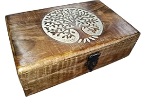 Ajuny Wooden Hand Carved Decorative Jewelery for Men and Women - Circle Tree of Life Design Keepsake for Memories Storage Organizer Travel Treasure Chest Trinket Holder Case Great Gifts 8x5 Inch