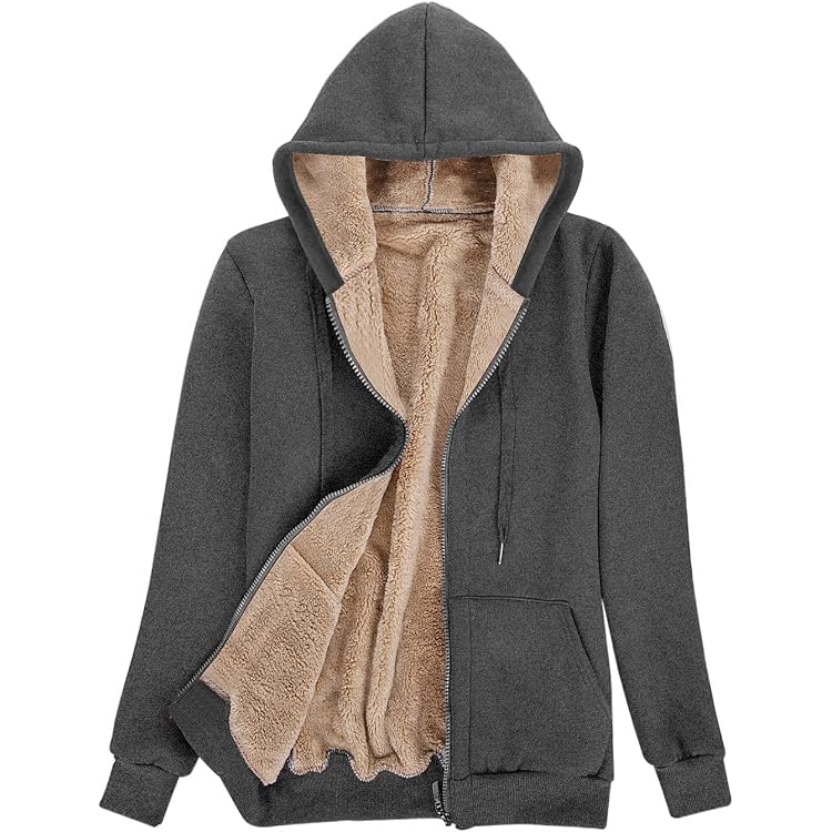 Veste Polaire Femme à Capuche – Sherpa Doux, Fermeture Zip – Couleur Unie, Manches Longues – Pour Hiver, Automne – Grandes Tailles