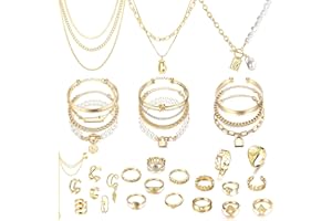 LOLIAS 35 Pièces Or/Argent Boho Ensemble Bijoux Plaqué avec 3 Pièces Collier Pendentif 11 Pièces Bracelet Couches 7 Pièces Boucles d'oreilles 14 Pièces Bagues pour Femmes Filles Cadeau