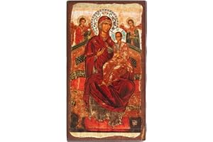 VATOPEDI MONASTERY Panagia Pantanassa 17. Jahrhundert Holz gealterte Ikone auf Leinwand mit farbigem Hintergrund vom Berg Athos (15 x 8 cm)