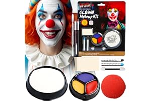 SEO-FANALLY Trucchi Clown Halloween Make up Bambini Adulti, Trucco Bianco per Viso Halloween, Truccabimbi Fondotinta Bianco Halloween, Trucco da Clown: Naso da Clown Rosso, Truccabimbi Bianco, Trucco a Tre Colori