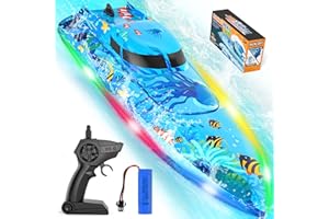 suangrc Barco RC con 3 Modos de Luces LED,Lancha Eléctrico RC,Juguetes de Piscina Totalmente Impermeables,Batería Recargable Detección Agua,Alerta Batería Baja,Control 2.4 GHz