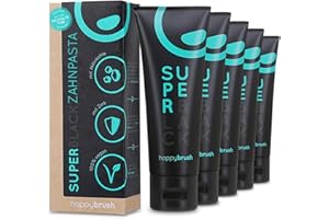 happybrush® Dentifrice au charbon actif vegan SuperBlack au goût de menthe - Dentifrice noir pour dents blanches - lot de 5 x 75 ml