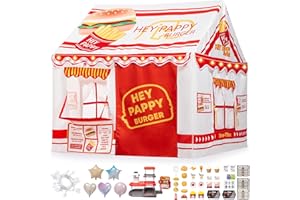 HEYPAPPY Kids Play Tent, Toddler Tent for Kid Indoor & Outdoor, Playhouse Tent Burger Theme with Complete Toys Set, 123x100x123cm Kids Tents with 3 Window, Lights and Balloons