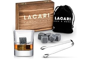 ‎LACARI HOME & LIVING Whisky Steine | 9X Wiederverwendbare Eiswürfel | Lacari ORIGINAL Whiskey Steine | Whisky Geschenkset mit Holzbox, Zange & Stoffbeutel | Kein Verwässern für Whiskey, Rum, Gin | Geschenk Geburtstag