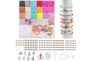 quiodok 3000+pcs Clay Beads Kit Flat Polymer Round Bracelet Making Kit Jewelry Making with Pendant Charms Kit Letter Beads and Elastic Strings Bracelet Necklace DIY Crafts