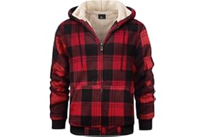 geeksport Veste Polaire Homme à Capuche Sweats Flanelle à Carreaux Zippé Veste Chemise Chaude Doublé Sweat-Shirt avec Poches pour d'automne d'hiver