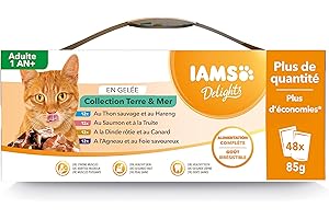IAMS Delights Nourriture Humide pour Chat adulte stérilisé ou non – Lot de 48 sachets fraicheurs - 4 recettes Terre / Mer en gelée - Sans OGM, sans colorants ni arômes artificiels - 48 x 85g