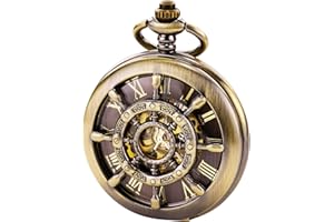TREEWETO Orologio da tasca unisex, con catena, analogico, caricamento a mano, doppia cerniera, scheletrato, design con timone, bronzo