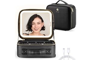 OMIRO Kosmetiktasche mit Großem Beleuchtetem Spiegel, Professionelle Make up Tasche mit Spiegel und Licht, Kulturbeutel-Organizer mit Kosmetikspiegel für Unterwegs (Schwarz, Geringe)