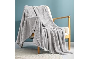 Exclusivo Mezcla Large Flannel Fleece Throw Blanket, 127x178 CM Sofa Throws, Soft Jacquard Weave Wave Pattern Throws for Sofa, Light Grey Blanket