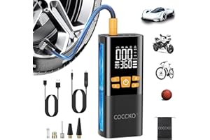 Compresor Aire Portátil,COCCKO 150 PSI Inflador Ruedas Coche,Batería 6000 mAh y 12V DC,Inflador Digital con Función de Luz LED, Hinchador Electrico,para Auto, Moto, Bicicleta y Pelota
