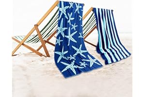 Casa Copenhagen Miami Toallas de baño, Juego de 2, algodón, de Secado rápido y duraderas, 88 x 177 cm - Estrella de mar, Azul Marino + Rayas Turquesa