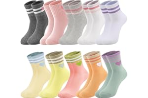 Zuimei 10 Pairs Girls Socks Kids Cotton School Sports Socks with Hearts Stripe, Junior Crew Athletic Sock, Casual Stretchy Sock for Girls and Boys