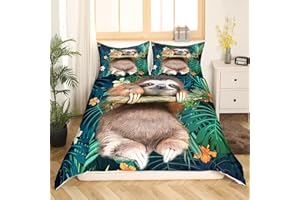 ZUANA Tbrand Kinder-Bettwäsche-Set mit niedlichem Faultier, Cartoon-Tier-Bettbezug-Set für Jungen und Mädchen, lustiges faules Faultier, tropische Blätter, Blumendruck, Bettwäsche-Set, 135 x 200 cm, Natur-T