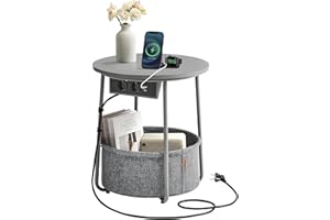 ‎VASAGLE VASAGLE Beistelltisch rund, Kleiner Tisch, Couchtisch mit Steckdose, Wohnzimmertisch, Korb aus Stoff, Stauraum für Wohnzimmer Schlafzimmer, Nachttisch modern, Taubengrau-schiefergrau LET228G02