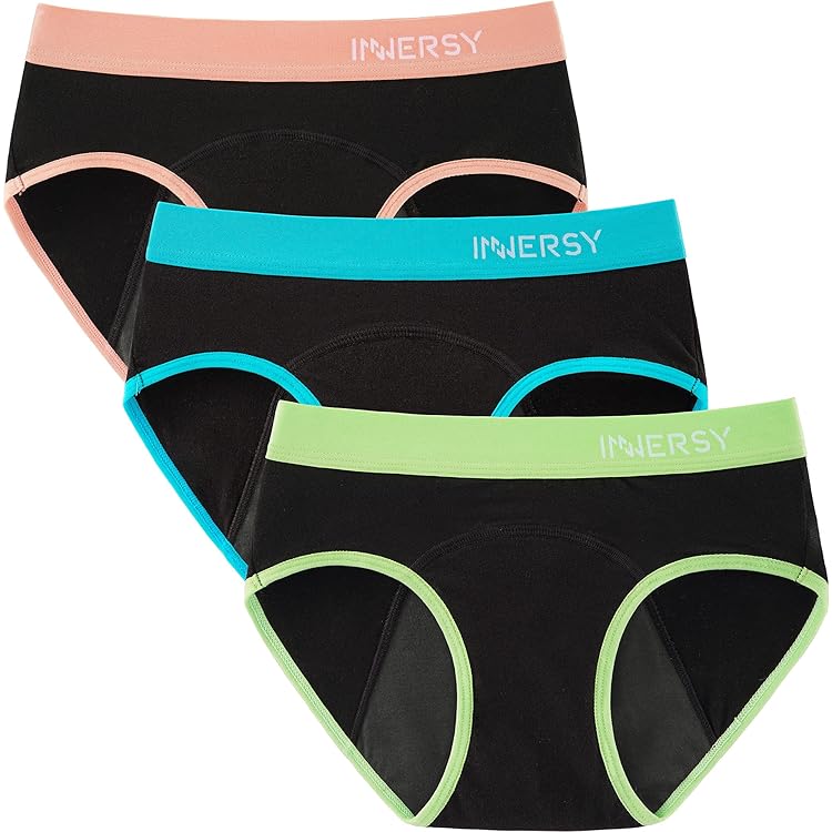 INNERSY Menstruatieondergoed Voor Zware Bloedingen, Katoenen Menstruatieslips Voor Meisjes, 3-pack (16-18 Jaar, Paars/roze/blauw