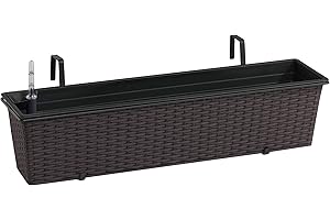 GARTENFREUDE Jardinera para balcón de polyrattan incluye suspensión y sistema de riego, mocca, 80 x 19 x 18 cm
