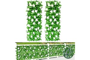 ZANKEOX 2Pcs Artificial Ivy Fence Screening, (40x20cm to 28x200cm) Expandable Garden Trellis Panel, Artificial Hedge Screening with White Orchid, Privacy Fence Screen for Garden Balcony Outdoor Decor