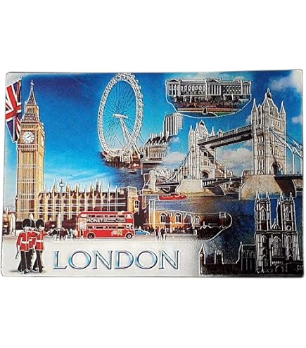 Aimant Frigo Londres Iconique - Collage Photo Big Ben, Tower Bridge, Bus Rouge, Union Jack - Souvenir Angleterre Bleu Ciel