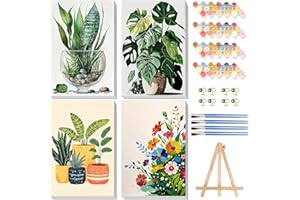 PUJEKNM 4 Pack Paint by Numbers for Adults with Framed Canvas & Wooden Easel, Plant Painting by Number Kit Beginners on Canvas, Easy Flowers Acrylic Oil Painting with Brushes for Home Wall Decor (8x12 inch)