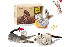 Suhaco Interactive Cat Toys Melody Chirpy Bird & Mouse Cat Feather Toy Plush Toys Set for Cats, Three Dogs & A Cat Squeak Toys for Indoor Cats (2 Pack)