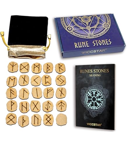 Namvo Set Di Rune Nordiche Fatte A Mano In Legno – 24 Pietre + 1 Runa Vuota E Borsa – Per Divinazione E Meditazione