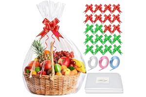 SAHMVER Cellophane Wrap for Hampers, 20.5 x 27.6 Inches Cellophane Bags Large, 15 Pcs Hamper Bags Wrapping with 20 Pcs Pull Bows (Red&Green) & 3 Pcs Rolls Colored Ribbon, Clear Gift Bags For Presents