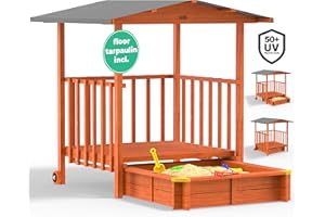 SPIELWERK® 2-in-1 Merle Sandpit with Roof | Sliding Canopy | UV50+ Protection | Wooden Sand Box Playhouse | Transport Wheels | Includes Ground Liner & Corner Protectors | 133x127x137 cm