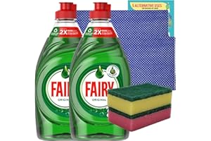 Dishwashing Bundle with 2x Fairy Liquid Washing up Liquid Original 320ml, 2x Sponge Scourer, 2x All Purpose Cleaning Cloths and 1x Wonder Bundles Leaflet