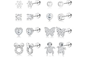 Adramata 8 Paires Boucles d'Oreilles Argent 925 pour Filles Femme Hypoallergéniques Fermoir à vis Boucle d'Oreille aux Oreilles Sensibles Fleur Coeur Papillon Bijoux Enfants Fille Or Argent