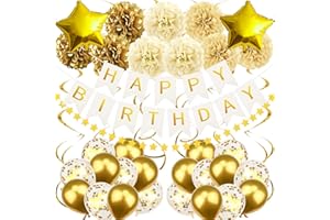 Recosis Gold Geburtstagsdeko, Happy Birthday Banner mit Pompoms Papier Girlande Wimpel Spiral und Luftballon Kindergeburtstag für Mädchen Junge Mann Frauen Geburtstags Dekorationen