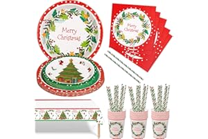 Nkaiso Kit de Vajilla Desechable para Fiestas de Navidad - 101 Piezas Juego de Vajilla de papel Incluye Platos de Papel, Vasos y Servilletas para Decoración Navideña - 20 Invitados