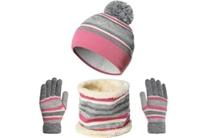 OUTFIT SPRING Conjunto de Bufanda Gorro y Guantes, Niña Niño Invierno Cálido Sombrero de Punto con Pompon, Térmico Grueso Beanie con Forro Polar Cuello Calentador Tejido Set Regalo para Unisex Bebé 2-8 Años