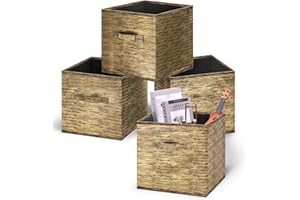 DAMAHOME Collapsible Storage Cube Bins - Fabric Cubby Organizer,Black Gold Decorative Shelf Basket Dual Handles,13 Inch Metallic Box For Nursery/Home Office/Closet/Kids Room/4-Pack(BlackGold)