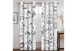 ANAZOZ 2 Cortinas Dormitorio Opaca Cortina Poliester Habitacion Play Game Consola de Juego Gris Negro Blanco Cortina de Dormitorio 2 x 107W x 138H CM