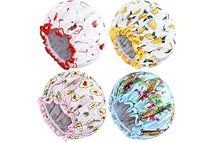 Yoosit 4 PACK Double Layer Waterproof Reusable Satin Shower Caps with Adjustable Bath Hair Caps Stretchy EVA Bathing Hats Bonnets Curly Long Braids Hair for Women Girls (pack of fruits)