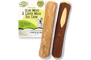 Woodbone Olive Wood and Coffee Wood Dog Chew Toy for Medium Dogs - Dogwood Branch Chewing Stick - Bundle of 2 Size M