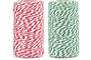 G2PLUS 100 m Cuerda de Algodón Rojo y Blanco + 100 m Cuerda Verde y Blanco, Cordel de Navidad para Envolver Regalos, Manualidades, Decoración y Horneado