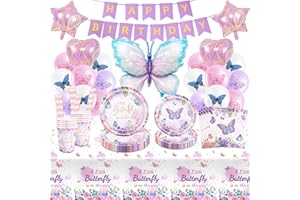 FOESIHEP Schmetterling Pappteller Kindergeburtstag Deko Mädchen- Schmetterling Geburtstag Partygeschirr Set Geburtstagsdeko Geschirr Tischdecke Servietten Girlande Luftballon Tortendeko Party Deko für 16 Gäste