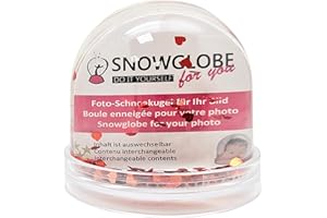 SNOWGLOBE FOR YOU - DO IT YOURSELF Photo Snow Globe Large with Hearts Red with 2 x Pictures Front and Back Transparent Base Width 9 cm Height 8 cm 2 Colouring Pages Photo Gift Love Picture Frame 50009