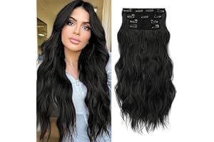 Sofeiyan Extensiones de Clip de Pelo 4PCS Cabello Extensiones Largo Ondulado con Clips Extensiones de Cabello Sintético Trama Encaje Suave Postizo para Mujer 50cm Negro Natural