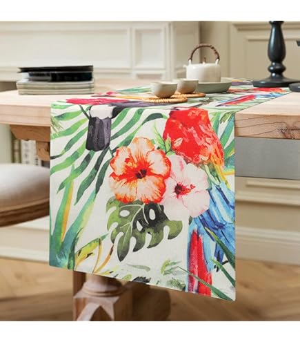 Chemin De Table été Hawaïen - Motif Feuilles De Palmier - Tissu Lin 33x183 Cm - Décoration Tropicale Cuisine