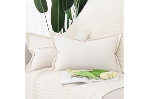 Madizz Juego de 2 Suave Lino Decorativo Funda de cojíns con Borde Ancho Lujo Estilo Fundas de Almohada para el sofá Dormitorio Marfil Rectangular 30 x 50 cm