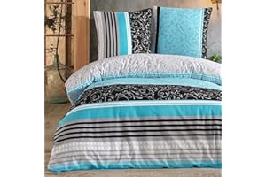 ‎BUYMAX Buymax Bettwäsche 200x220 Baumwolle 3-Teilig Bettgarnitur mit Bettbezug und Kissenbezüge 80x80 Renforce Blumenranken Muster Gestreift Bettwäsche-Set, Türkis Schwarz Grau