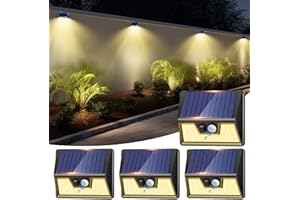 nipify Foco LED de exterior solar, 4 unidades, luz solar exterior con sensor de movimiento, 3 modos impermeables, focos solares para jardín, patio, garaje, pared, blanco cálido